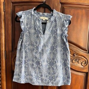 LOFT Blue and White embroidered flutter sleeve Blouse- size M